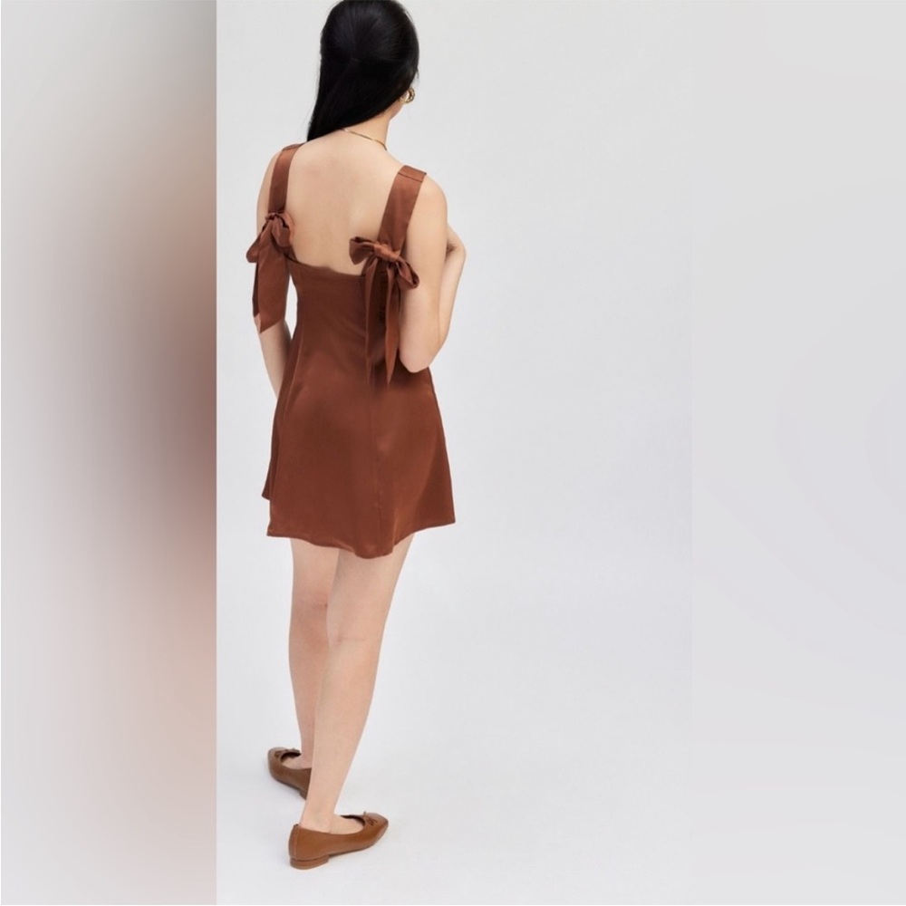 NWT Urban Outfitters Bri Double Bow Chocolate Brown Mini Dress - Picture 4 of 9